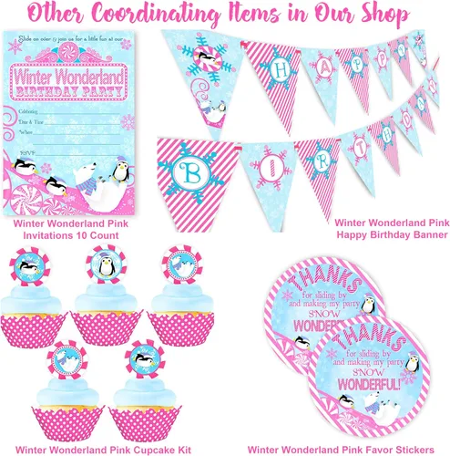 Vista 4 de Invitaciones grandes para fiesta de pingüinos - 10 invitaciones 10 sobres - Rosa