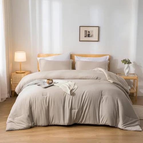 Vista 18 de weigelia Juego de edredón de tamaño matrimonial de 7 piezas, color beige, edredón de microfibra suave para todas las estaciones con sábanas, juego