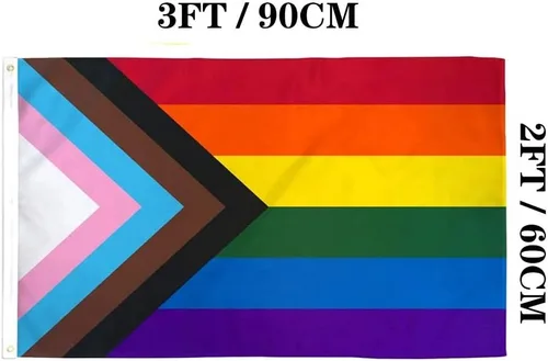 Vista 6 de Jayus Bandera de arco iris de doble cara inclusive Progress Pride de 2 x 3 para exteriores, banderas de arcoíris LGBTQ resistentes con 2 ojales
