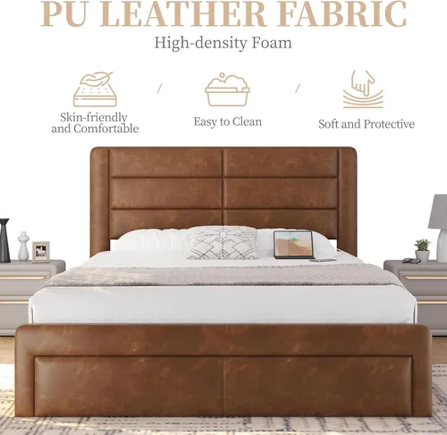 Vista 4 de Yaheetech Base de cama Queen con 2 estaciones de carga USBpuerto para cajones de almacenamiento tipo A y tipo C3, plataforma tapizada de cuero