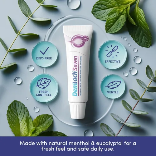 Vista 3 de Denttach Seven Denture Adhesive, adhesivo termoplástico para dentaduras postizas hasta 7 días, extra fuerte impermeable, agarre y cojín seguro