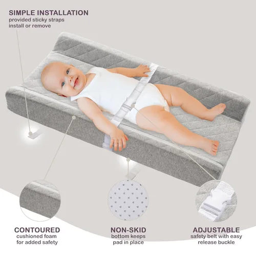 Vista 3 de Cambiador de bebé contorneado de algodón orgánico con colchón de espuma impermeable, incluye funda suave, extraíble y lavable, correa de seguridad