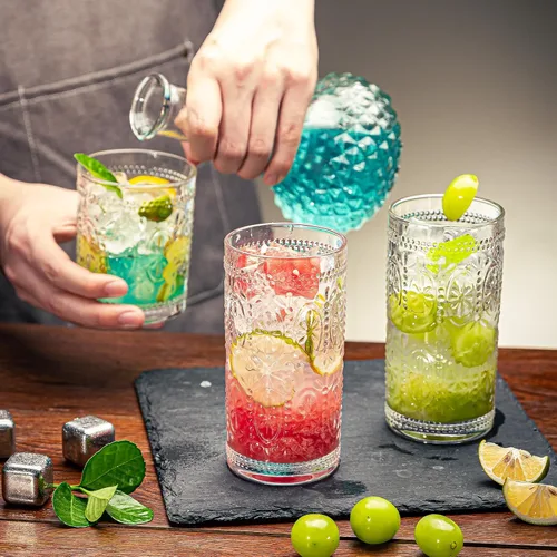 Vista 6 de Vasos para beber vintage, juego de 8 vasos de vidrio hechos a mano, 4 vasos altos de 15 onzas y 4 vasos de 13 onzas, tazas de mojito, vasos