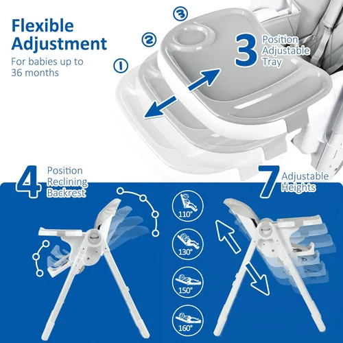 Vista 2 de Sillas altas para bebé, multifuncionales para bebés con altura ajustable y reclinable, silla alta plegable para bebé con bandeja extraíble, fácil