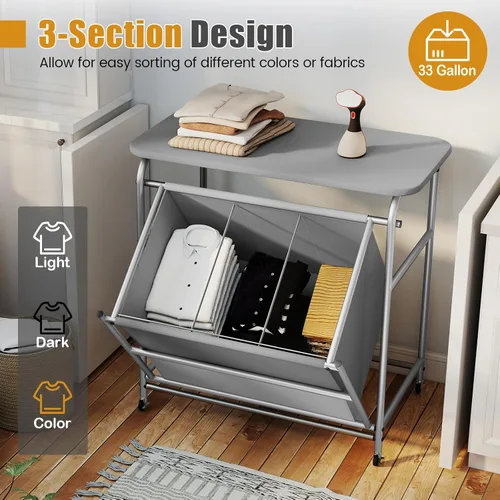 Vista 2 de COSTWAY Cesta de lavandería con tabla de planchar, carrito de lavandería con 3 secciones inclinables con 3 bolsas extraíbles separadas, ruedas