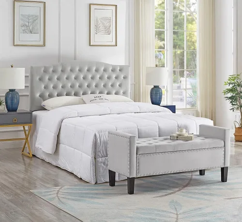 Vista 7 de 24KF Terciopelo moderno tapizado botón de almacenamiento banco con brazos para dormitorio, entrada sala de estar suave asiento acolchado - gris