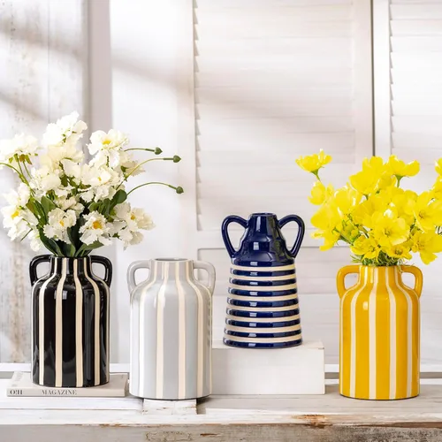 Vista 7 de Jarrón negro y blanco con asas, jarrones de flores decorativos modernos de cerámica para decoración del hogar, manto, centro de mesa rústico