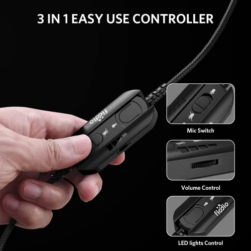 Vista 4 de TEWELL Auriculares para juegos de sonido envolvente 7.1 con efecto de iluminación LED, auriculares estéreo USB con cómodas orejeras ergonómicas