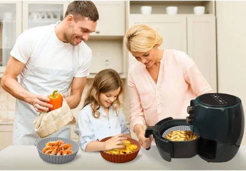 Vista 5 de Olla de silicona para freidora de aire, forros de silicona reutilizables para freidora de aire, bandeja antiadherente para hornear, cesta redonda