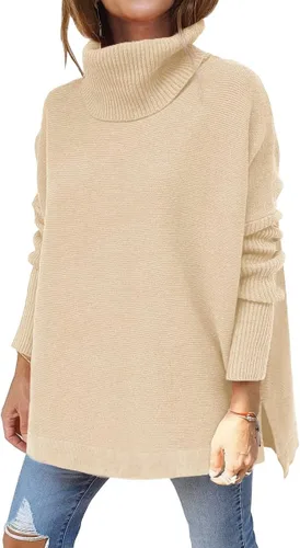 LILLUSORY - Suéteres con cuello alto para mujer, de gran tamaño, para otoño, manga larga murciélago, dobladillo dividido, tipo túnica, sin botones y