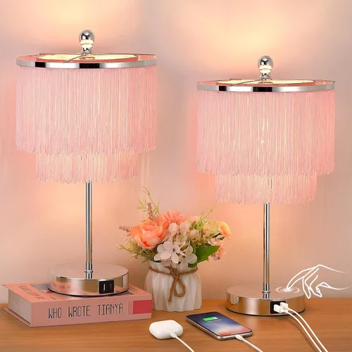 Juego de 2 lámparas rosas para habitación de niñas, lámparas táctiles regulables de 3 vías con puerto USB, lámparas para niñas con pantalla de borla