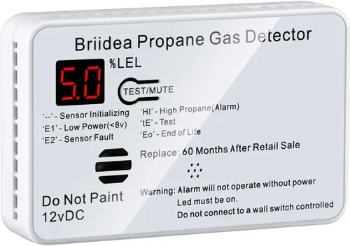 Vista 8 de Alarma de propano para RV, detector de gas propano briidea con alarma fuerte de 85 dB, 12 VCC, color negro