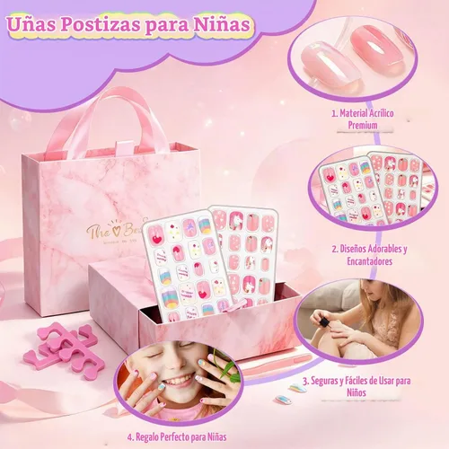 Vista 6 de 144 Piezas de Uñas Postizas a Presión para Niñas, Uñas Postizas para Niñas con Kit de Pegamento, Lindas Puntas de Uñas con Adhesivo de Uñas