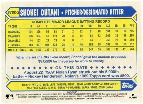 Vista 2 de Refractor de béisbol Topps Chrome 1987 2022 #87BC-2 SHOHEI OHTANI Los Angeles Angels