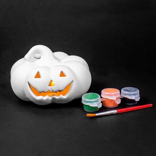 Creative Roots Horizon Group USA - Pinta tu propia calabaza de cerámica, mini calabaza con luz LED, 3 macetas de pintura acrílica, mini pincel