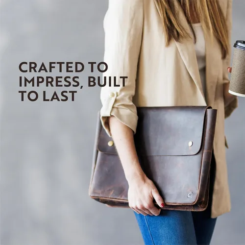Vista 6 de MOONSTER - Bolsa de cuero para computadora portátil, funda de cartera, espaciosa, hecha a mano con diseño sin tirantes de cuero de búfalo de grano