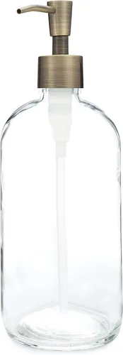Rail19 Market - Dispensador de jabón de vidrio transparente con bomba de metal, jabón líquido de manos y loción para cocina y baño, 16 onzas (latón