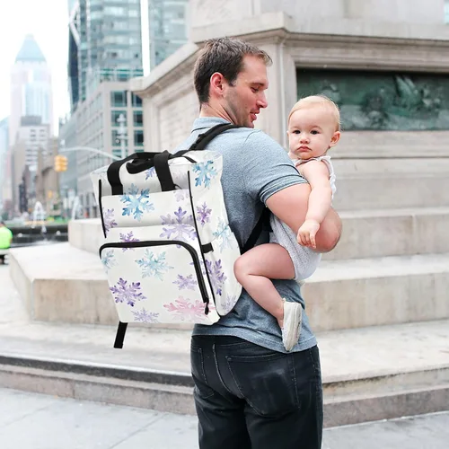 Vista 7 de Mochila para pañales con estampado de copos de nieve, bolsa de nailon impermeable multifunción con bolsillos aislados para botellas, bolsa de viaje