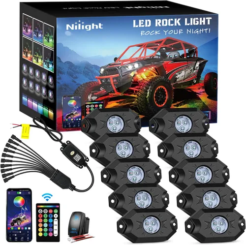 Vista 12 de Nilight - Kit de luces LED RGB de roca 4 piezas 18LED de ángulo amplio para rueda con control remoto y aplicación Bluetooth, modos múltiples, luz