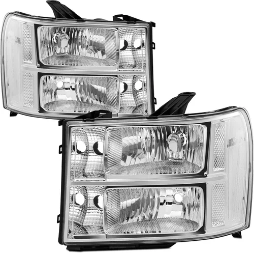 Vista 6 de Par de conjunto de faros compatible con GMC Sierra 1500 2007-2013/Sierra 2500HD 3500HD 2007-2014, par de faros con carcasa negra y reflector ámbar