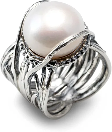 Joolala Anillo individual de perlas blancas redondas cultivadas en agua dulce en plata de ley 925 para mujer, Plata Esterlina