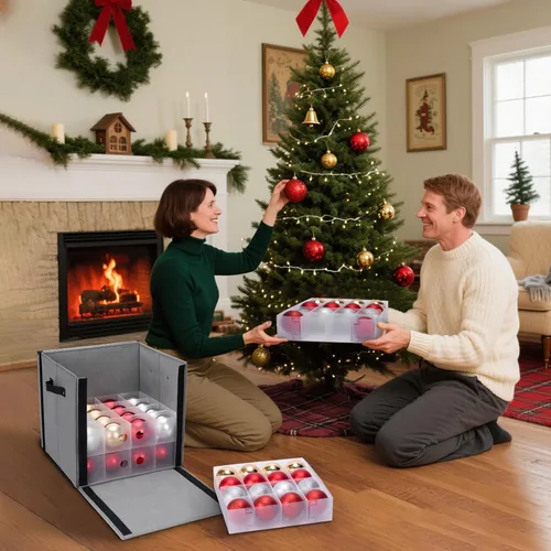 Vista 5 de BALEINE Caja de almacenamiento de adornos navideños con divisores, contenedor de almacenamiento de adornos navideños de alta calidad para Negro