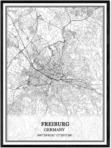 TANOKCRS Freiburg - Póster de arte de pared con mapa de Alemania sin marco, moderno, mapa blanco y negro, regalo de recuerdo para decoración del