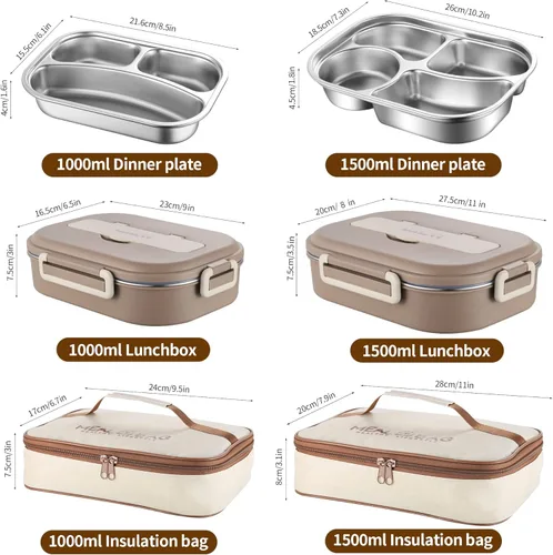 Vista 6 de Lonchera Bento de acero inoxidable de 33.8 fl oz, versátil lonchera portátil de 3 compartimentos, contenedor de almuerzo para adultos y niños
