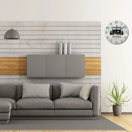 Vista 3 de Camping More Worry Less Camper - Reloj de pared rústico para campamento, aventuras, viajes, senderismo, relojes redondos de madera, decoración