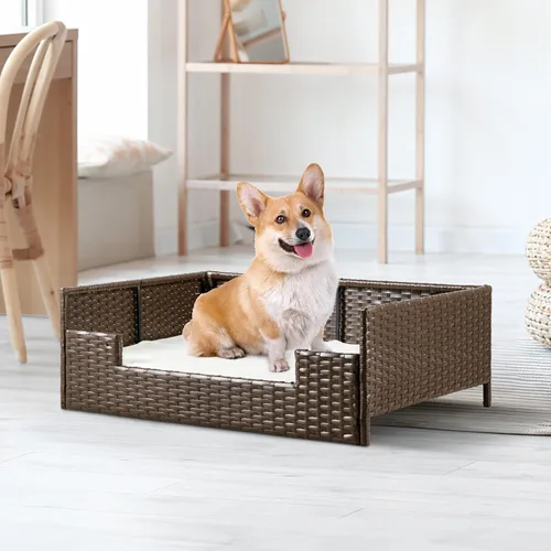 Vista 3 de YITAHOME Sofá cama de ratán para perro con cojín, cama de mimbre para mascotas, sofá para interiores y exteriores, agua no afectada para perros