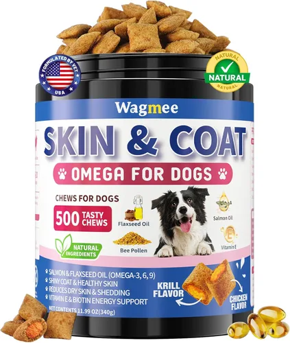 Omega 3 para perros, 500 masticables Suplemento para piel y pelaje para perros, aceite de pescado de salmón y linaza para perros, alivio para piel