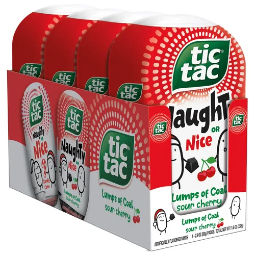 Tic Tac Mentas Maliciosas o Amables, Pepitas de Carbón Sabor Cereza Ácida, 4 Paquetes de Botella, Refresco Para Llevar, Regalos de Navidad, 82 g