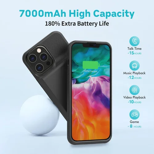 Vista 3 de Funda de batería para iPhone 13 Pro Max, funda de carga ultra delgada recargable real de 7000 mAh con protector de pantalla de vidrio templado
