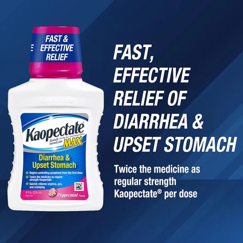 Vista 2 de Kaopectate Extra Strength Diarrea 8oz, líquido para aliviar el malestar estomacal, fórmula de subsalicilato de bismuto para apoyo digestivo integral