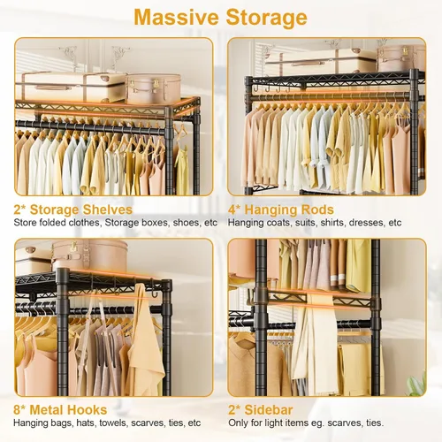 Vista 9 de ULIFHOME P4 Plus Perchero Rodante de Ropa Resistente, Percheros de Ropa para Colgar Ropa, Percheros de Vestir Independientes con Ruedas, Perchero