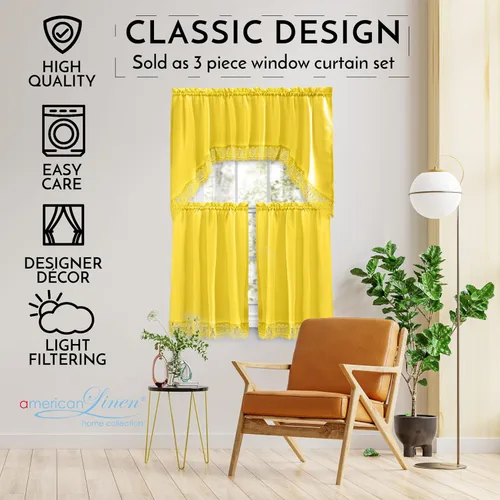 Vista 5 de American Linen Cortinas de café para cocina, cortinas de baño con cenefa, borde de encaje bordado. (amarillo)