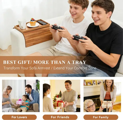 Vista 6 de GEHE Bandeja de madera de acacia para sofá, mesa auxiliar plegable para el brazo del sofá, mesa auxiliar con reposabrazos anticaídas, soporte