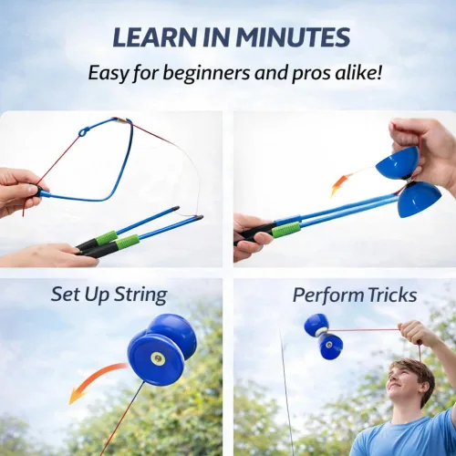 Vista 9 de Yoyo Diabolo de triple rodamiento Flight Pro, mediano 5 pulgadas azul. Juguete con palos de carbono