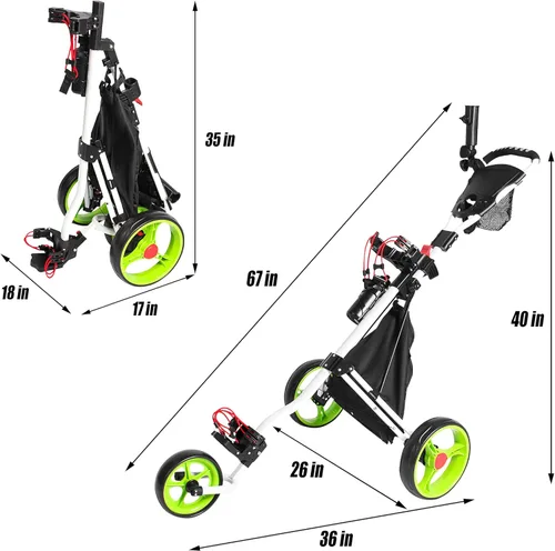 Vista 5 de Carrito de golf para empujar, carrito de golf plegable para palos de golf, carrito de golf de 3 ruedas para bolsa de golf, carritos de golf