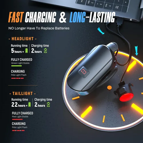 Vista 6 de Juego de luces de bicicleta 1500LM USB recargable faro y luz trasera impermeable 5 modos de iluminación para bicicletas para carretera y montaña