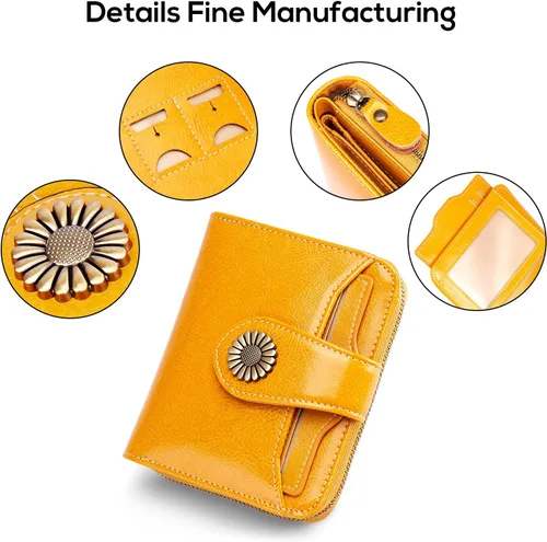 Vista 5 de INSIFEEL Billetera pequeña para mujer, bolso compacto de cuero con bloqueo RFID RFID para mujer, Amarillo, Retro