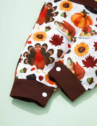 Vista 6 de KANGKANG Traje de Acción de Gracias para bebé niño My First Thanksgiving ropa mameluco + overol de pavo + sombrero conjunto de 3 piezas