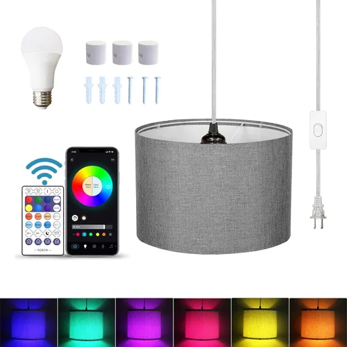 Vista 8 de ZSLAIFU Luz colgante enchufable de 15 pies con interruptor, luces colgantes con cable enchufable, lámpara colgante con control remoto, lámpara Blanco