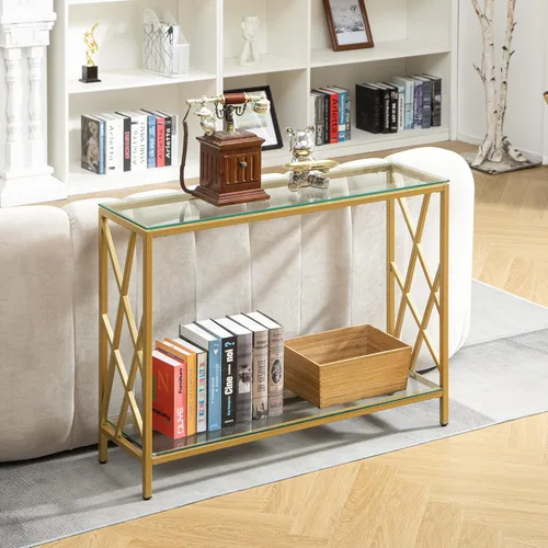 Vista 2 de SICOTAS Mesas de consola para entrada, cristal dorado con almacenamiento, 41 pulgadas de largo, juego de 2 mesas de entrada para sala de estar
