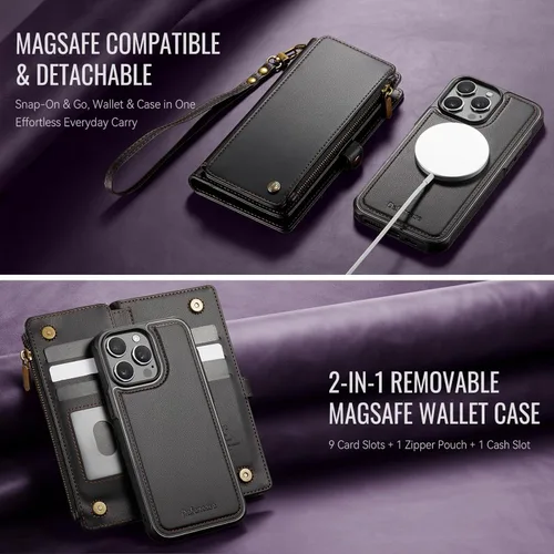Vista 9 de Defencase Funda Magnética de Cartera para iPhone 15 Pro Compatible con Magsafe con Bloqueo RFID Correa con Cremallera Portador de Tarjetas