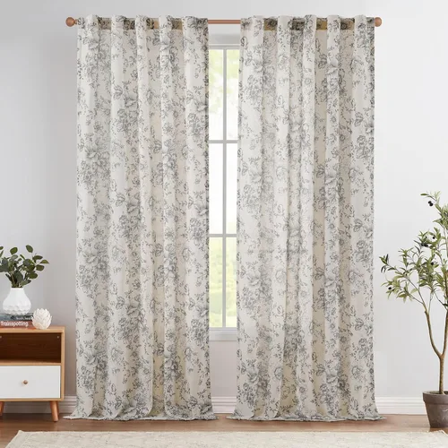 Vista 111 de JINCHAN Cortinas de mezcla de lino con flores para sala de campo francés, cortinas para sala de estar de 84 pulgadas de largo, cortinas impresas