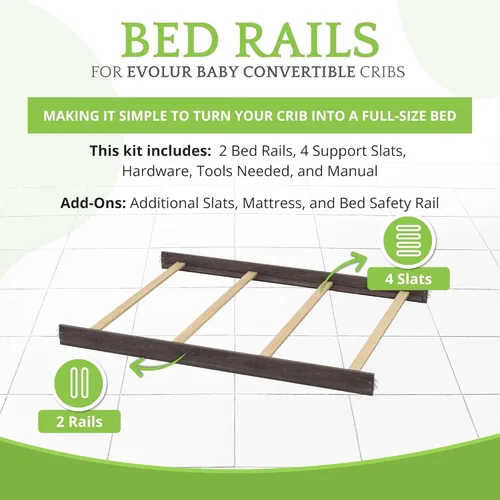 Vista 3 de Kit de conversión de tamaño completo, rieles de cama para cunas convertibles Evolur para bebé, riel de madera maciza, riel de cama para niños