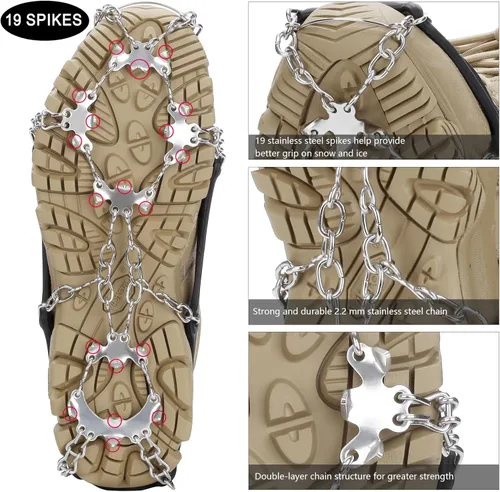 Vista 4 de Crampons 19 Spikes with Stainless Steel Chain Ice Snow Grips Traction Cleats System Safe Protect for Walking, Jogging, Climbing, Hiking on Snow and