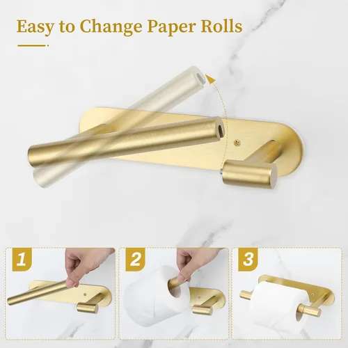 Vista 5 de Soporte de papel higiénico dorado cepillado, soporte para rollo de papel higiénico de acero inoxidable SUS304, moderno soporte de doble base