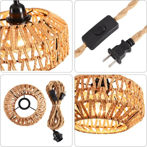 Vista 7 de Lámpara Colgante de Ratán Enchufable con Interruptor, Mini Lámpara Colgante de Ratán Boho Semi Empotrada en el Techo, Accesorios de Iluminación